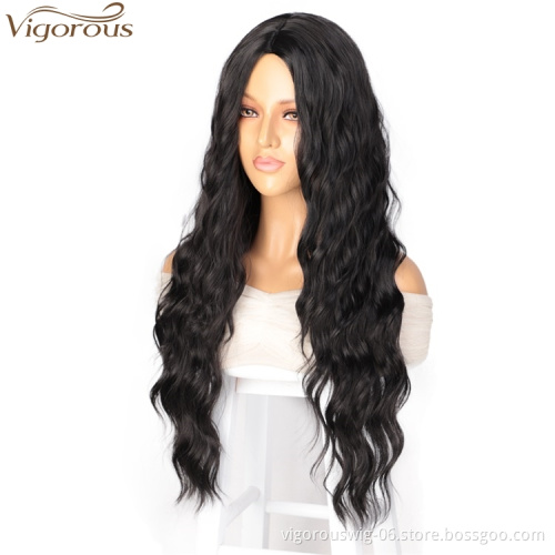 Vigorous Cheap Top Quality Long Black Wavy Wig  Middle Part Synthetic Wig For Black White Women Heat Resistant Wholesale Price